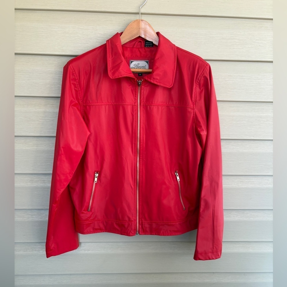 LEARSI red vintage PVC faux leather bomber jacket women’s sz M lightweight EUC - Picture 8 of 15